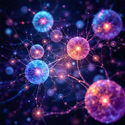 The primary subject of the image is a collection of brightly colored, glowing balls floating in a dark space. The setting appears to be a futuristic or space-themed environment, with the balls seemingly floating in a void. The visual style of the image is a combination of photo and digital art, creating a vibrant and dynamic scene. The colors and mood of the image are predominantly purple and blue, giving it a sense of depth and a futuristic atmosphere.